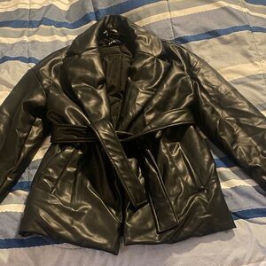 Zara Black Leather Puffer Belted Jacket